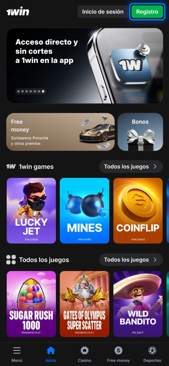 Toca registro en la aplicación 1win y selecciona método conveniente fácilmente.