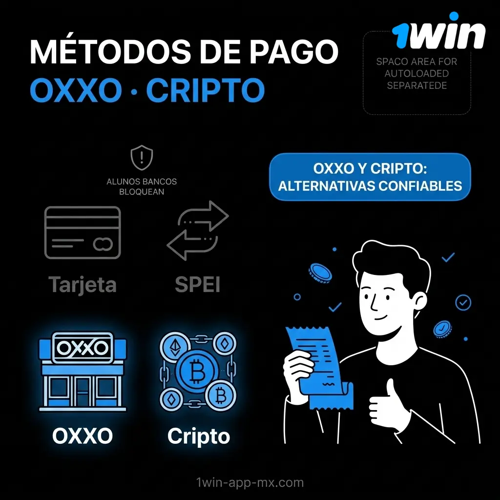 Métodos de pago en app 1win México - OXXO y criptomonedas alternativas cuando bancos bloquean tarjeta o SPEI.