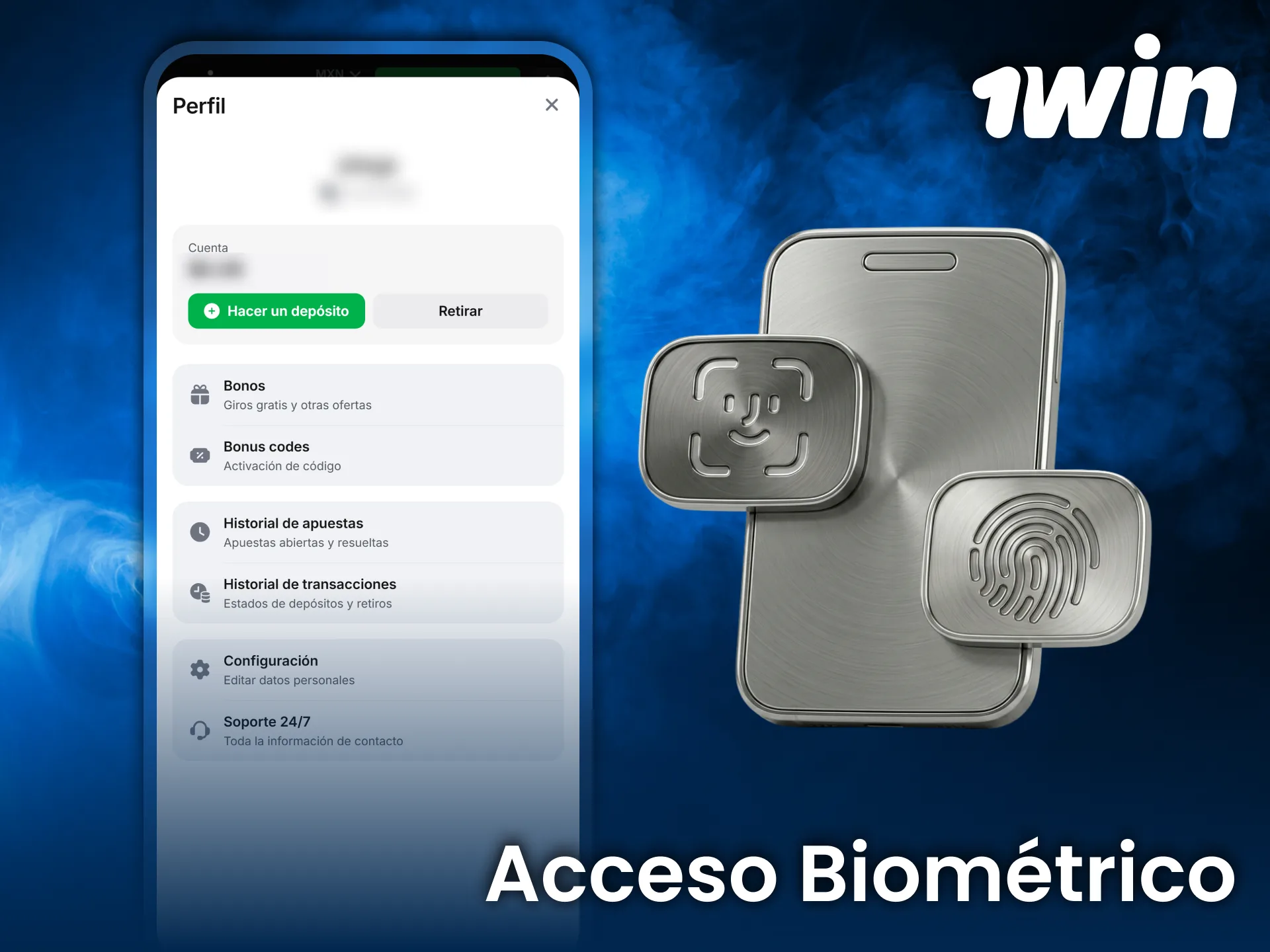 Usa acceso biométrico en la app 1win con huella dactilar y Face ID.
