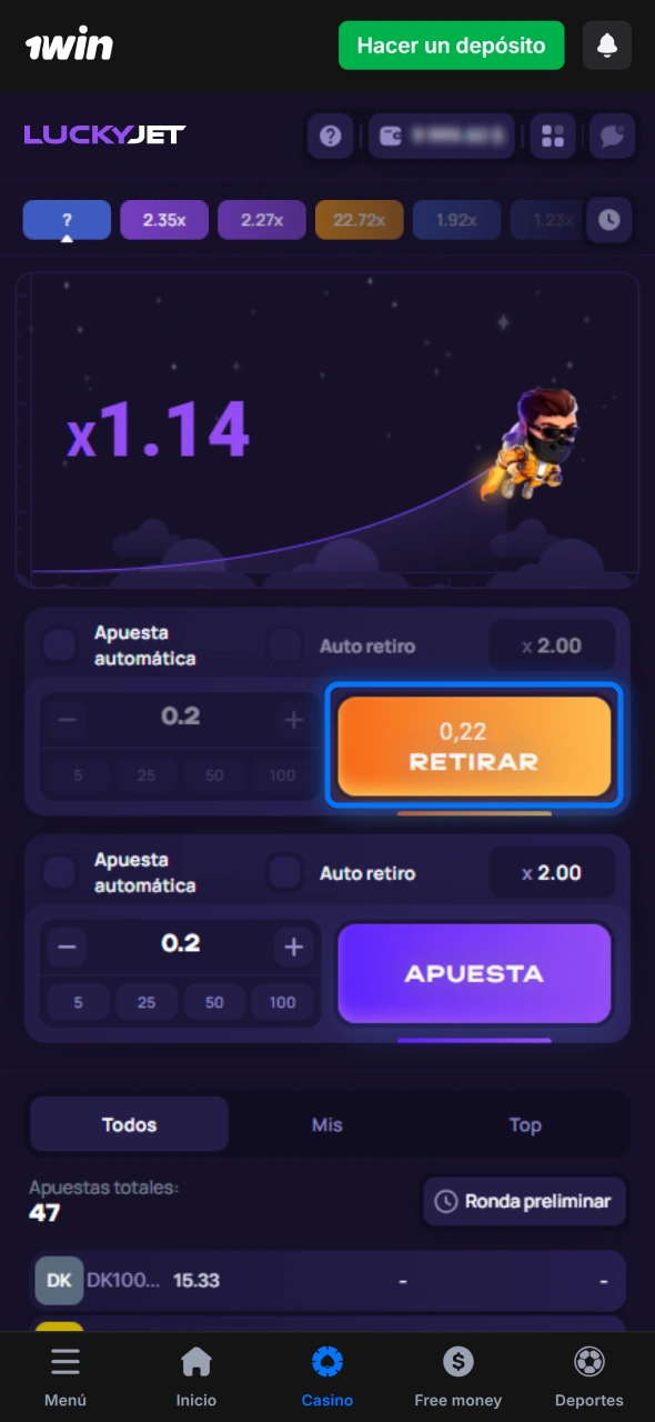 Cobra ganancias en Lucky Jet usando 1win o inicia nueva ronda rápidamente.