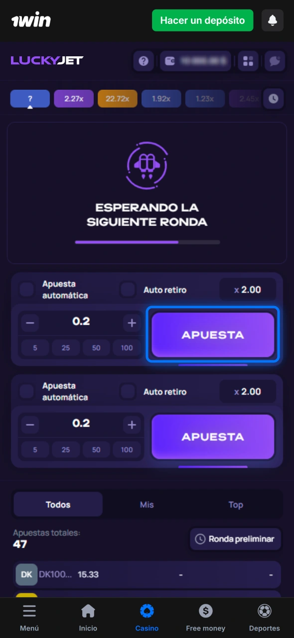 Coloca apuesta durante pre-ronda en Lucky Jet dentro de 1win México.