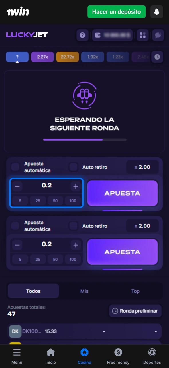 Elige monto de apuesta en Lucky Jet usando aplicación oficial de 1win.