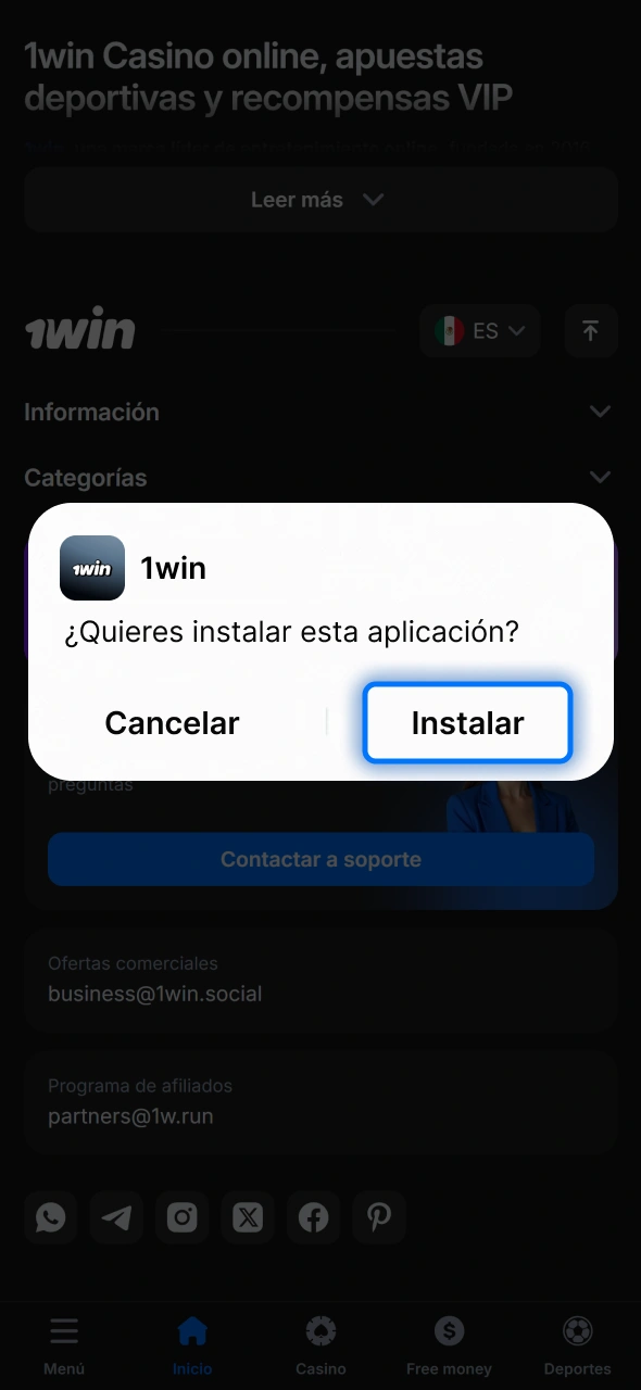 Instala la app de 1win México y accede rápidamente a tus juegos.