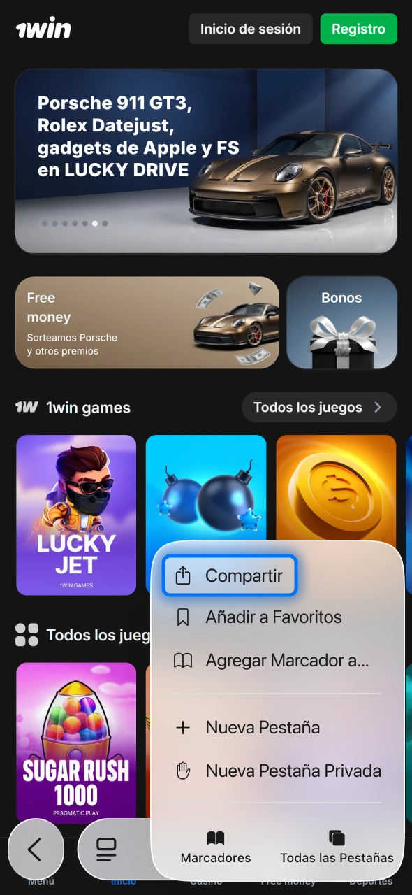 Toca compartir y añade la aplicación 1win directamente a pantalla principal.