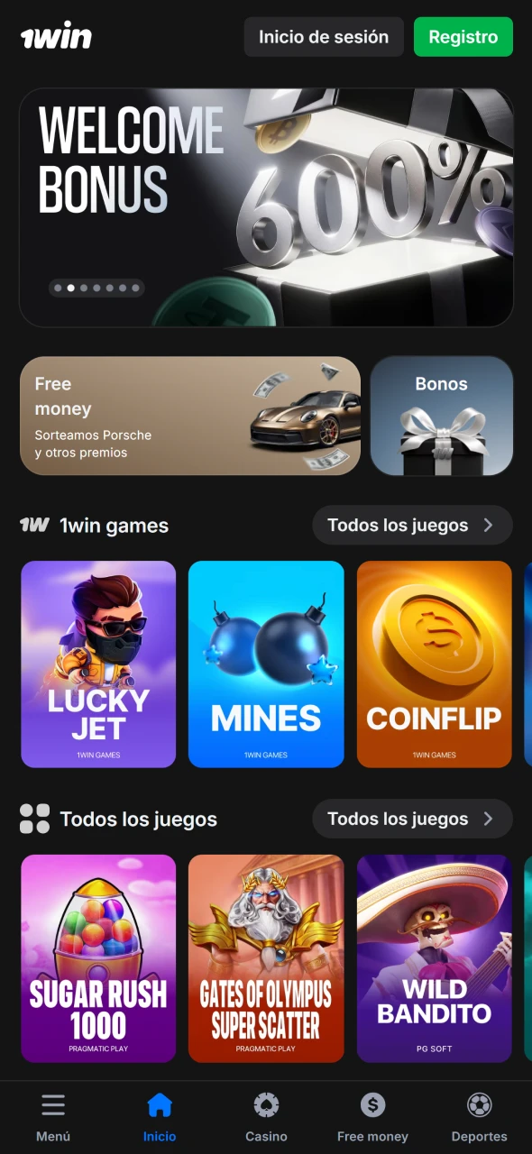 Descubre la página principal de la aplicación 1win con acceso rápido seguro.