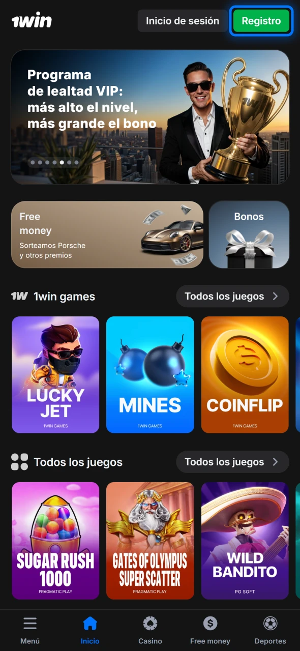 Abre la app 1win y toca registro para comenzar inmediatamente.