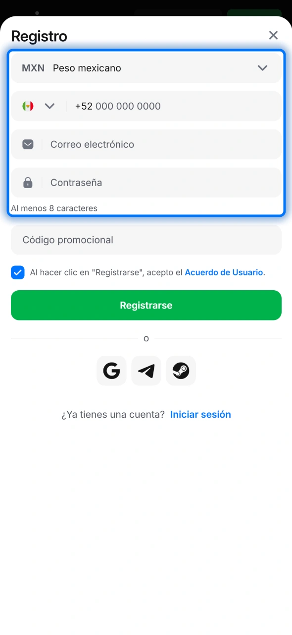Ingresa datos en la app 1win y selecciona MXN como moneda.