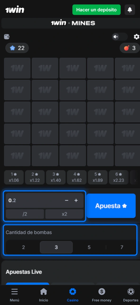 Configura apuesta y número de minas en 1win Mines antes de iniciar.