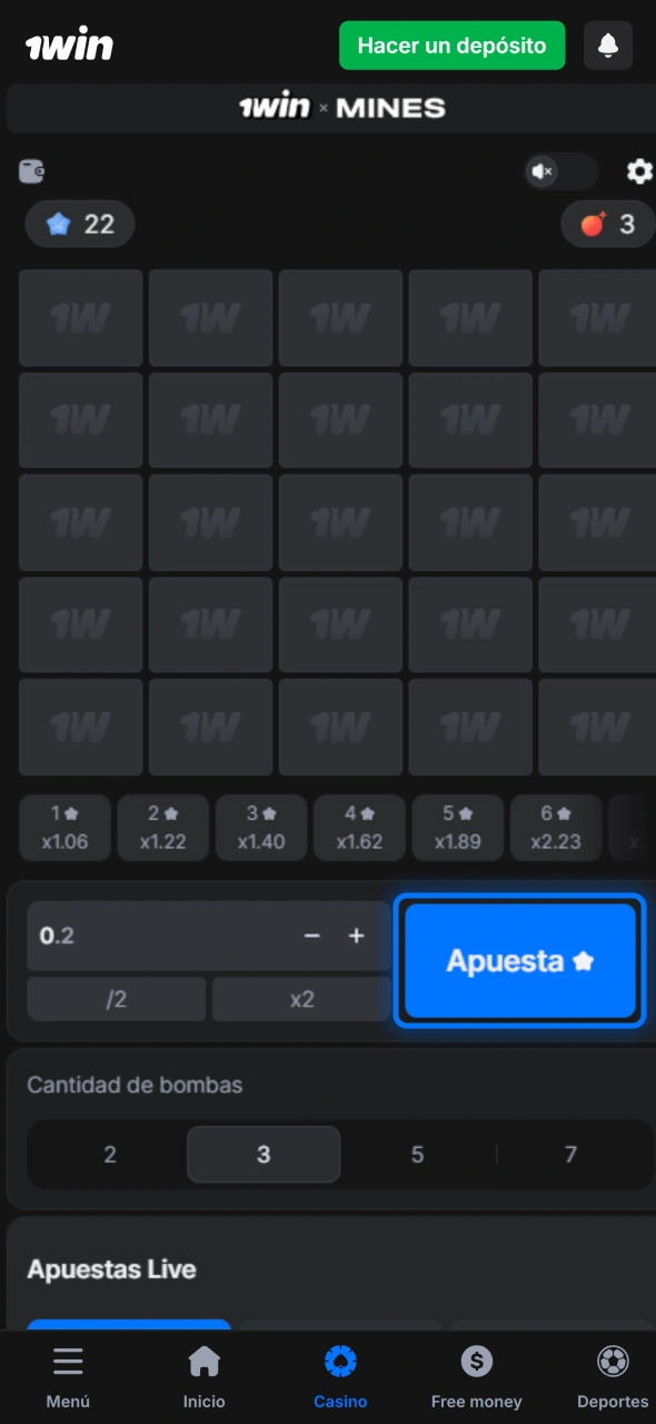 Inicia ronda en 1win Mines y descubre casillas llenas de recompensas potenciales.