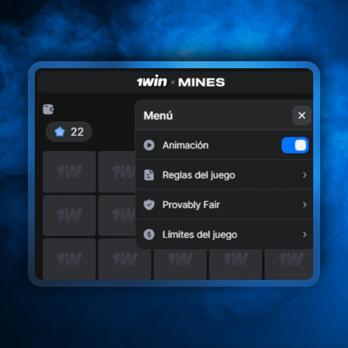 Controla sonido e información en 1win Mines desde ajustes disponibles de 1win.