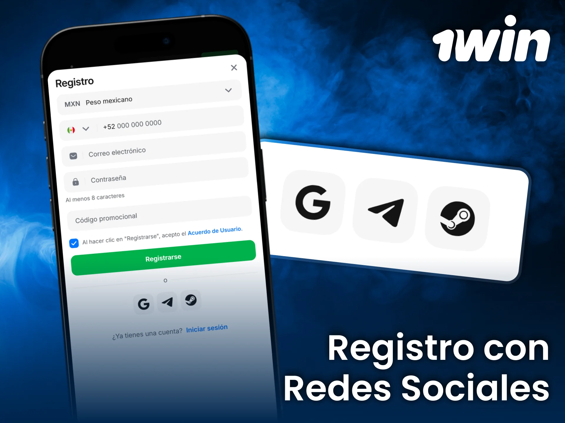 Usa redes sociales para completar registro rápido en la plataforma 1win México.